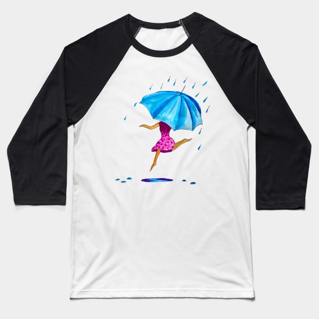 Girl Dancing in Rain With Umbrella Baseball T-Shirt by julyperson